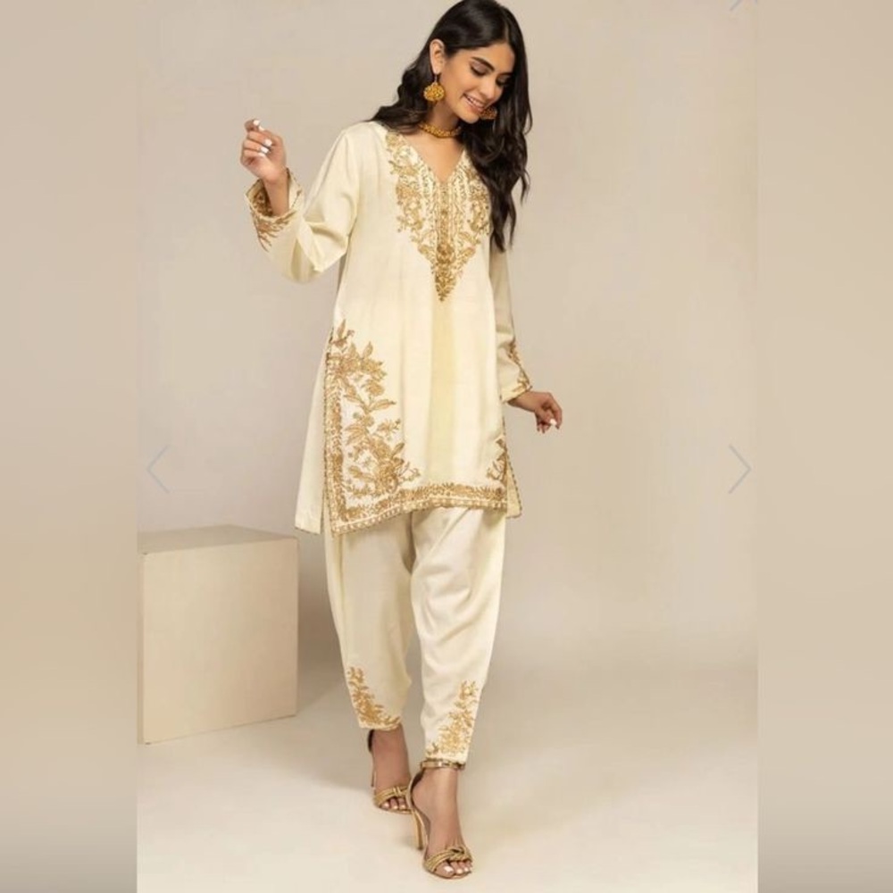 Elegant Cream and Gold Embroidered Women's top